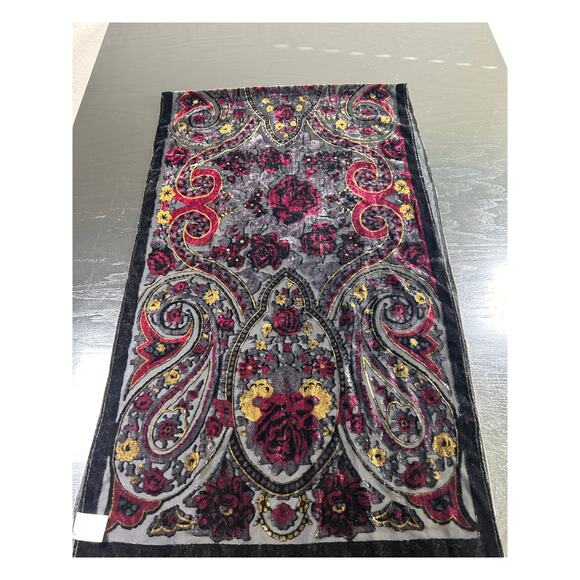 Vtg Shawl -70 x19"- Crushed Velvet Burnout- Red Black Gold fringe whimsigoth - Picture 10 of 15